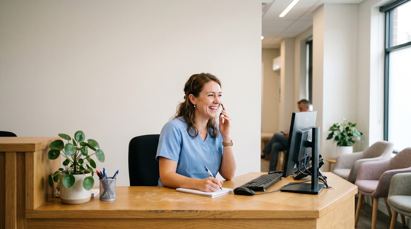 A warm dental front desk with a receptionist answering the phone